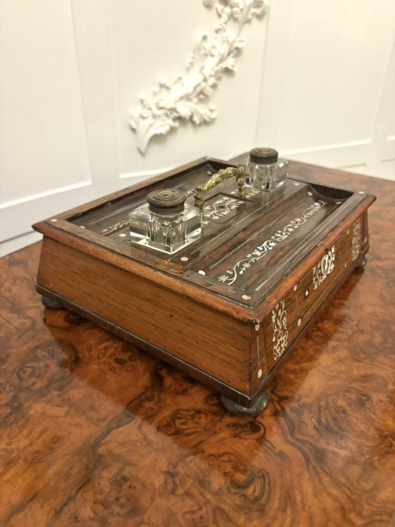 Antique Regency Rosewood Inlaid Writing Desk Set with Inkwells